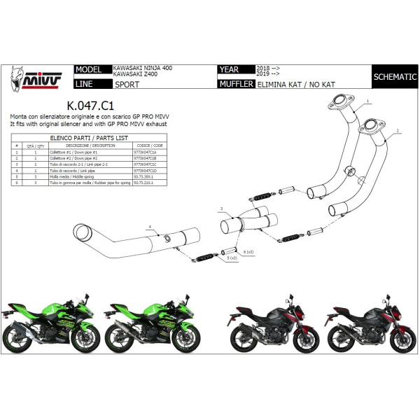 MIVV-Kat-Ersatzrohre, kompatibel mit MIVV und originalen Schalldämpfern - - - - für KAWASAKI - NINJA 400 BJ. 2018 > 2020 - K.047.C1